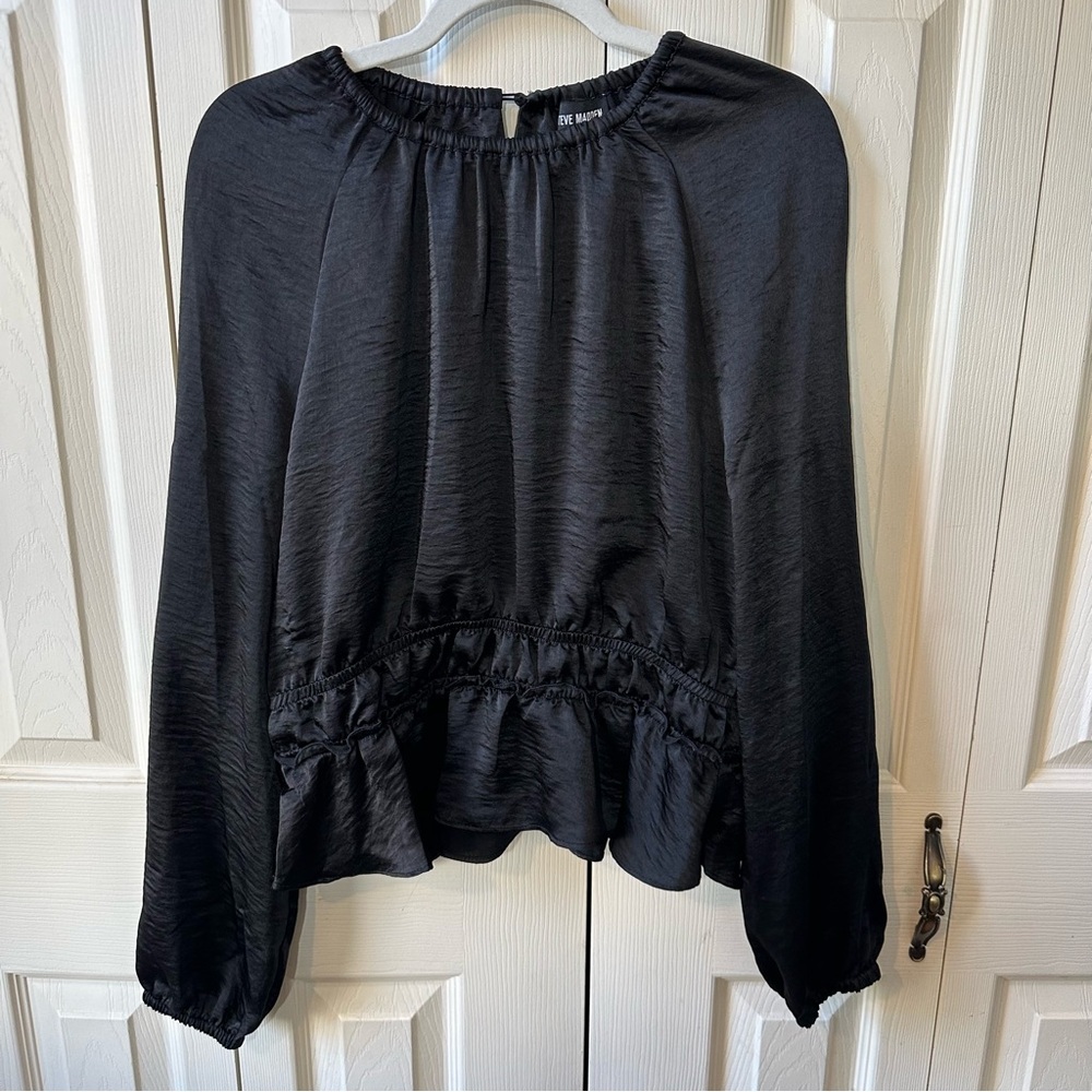 Steve Madden Satin Peplum Blouse Womens Size XL Cuffed Round Neck Long Sleeve